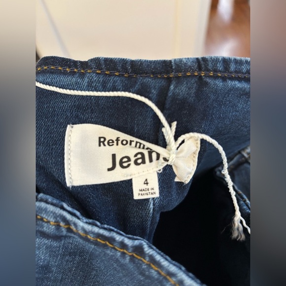 new Reformation Anais strapless denim paneled stretch midi dress in denim blue - Picture 6 of 6